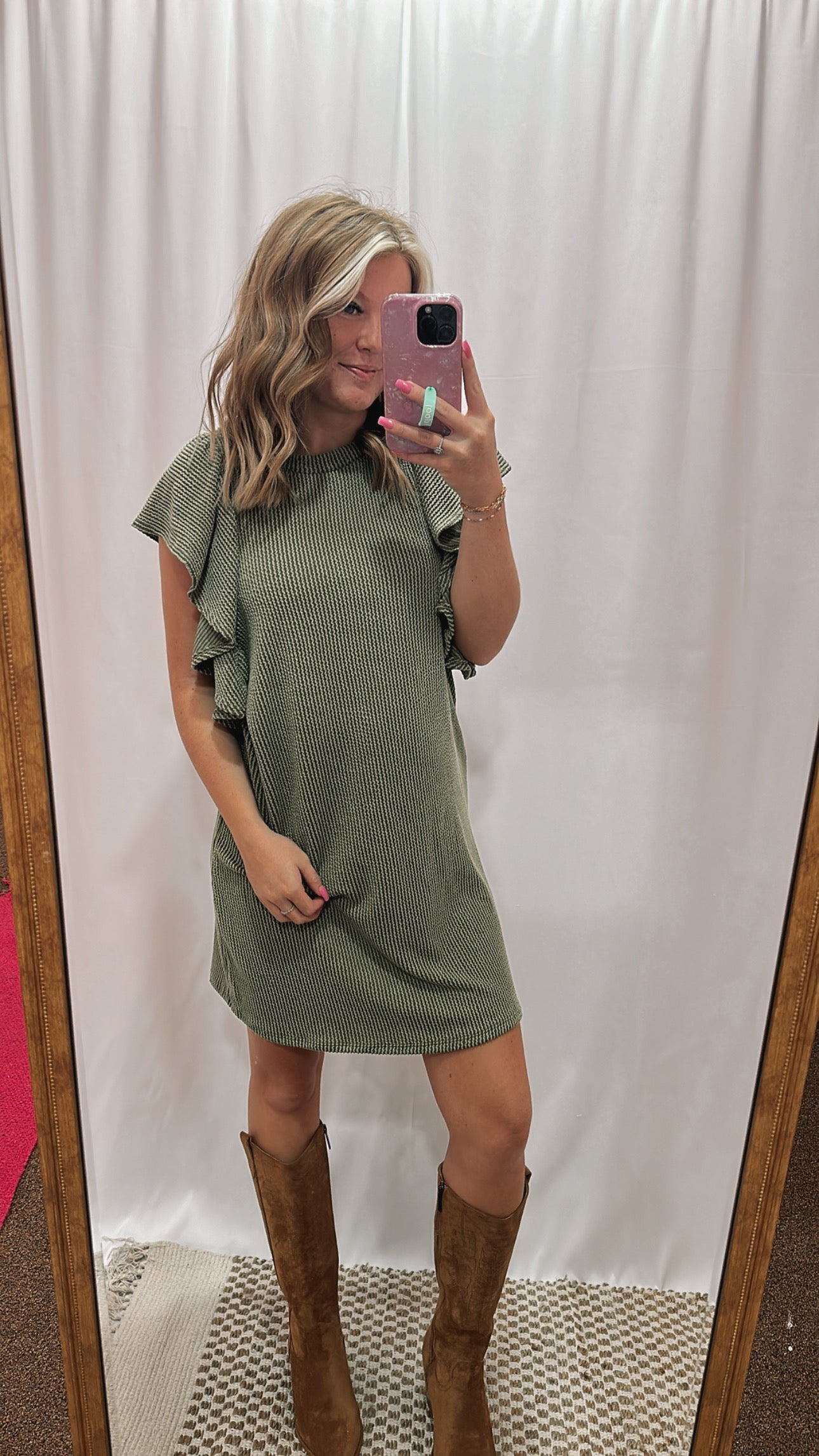 Carley Ribbed Ruffle Dress - Army