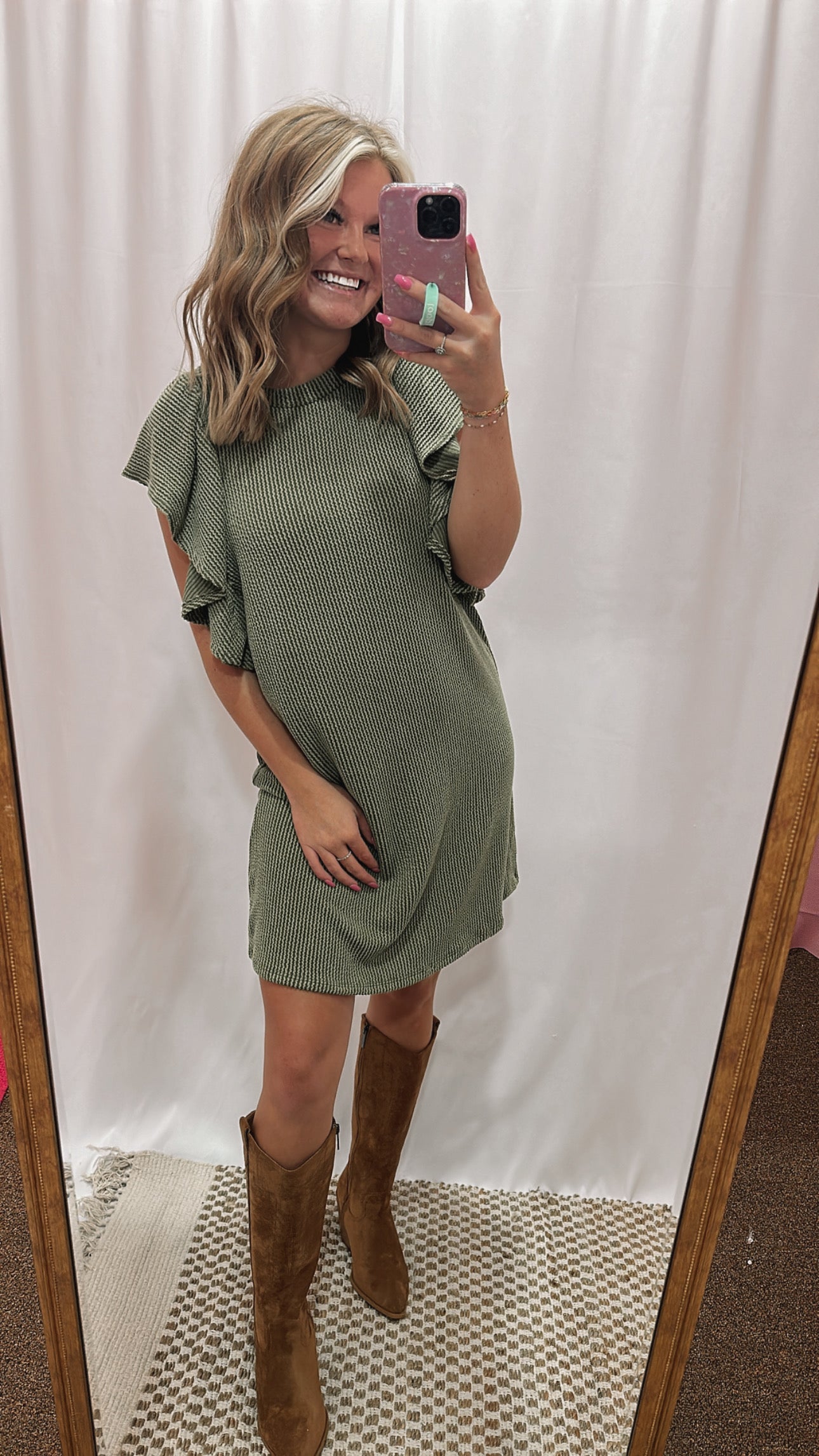 Carley Ribbed Ruffle Dress - Army