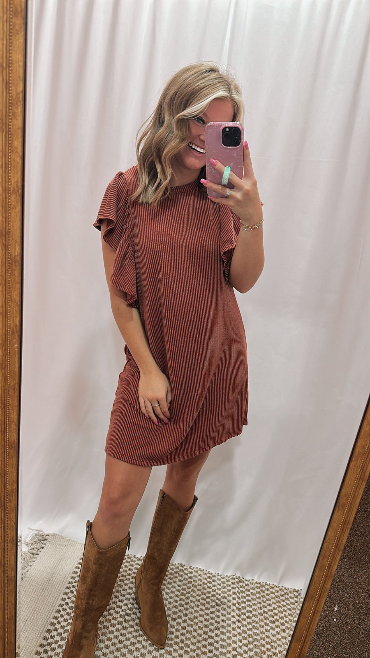 Carley Ribbed Ruffle Dress - Rust