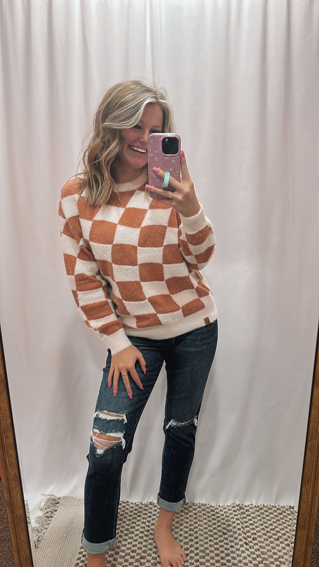 Fuzzy Checkered Crew Sweater Simply Southern