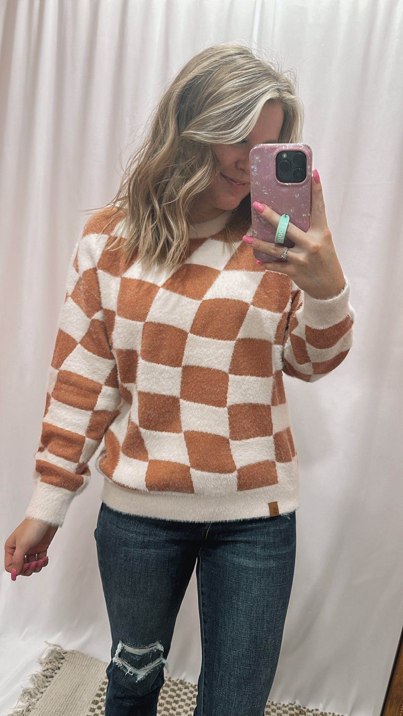 Fuzzy Checkered Crew Sweater Simply Southern