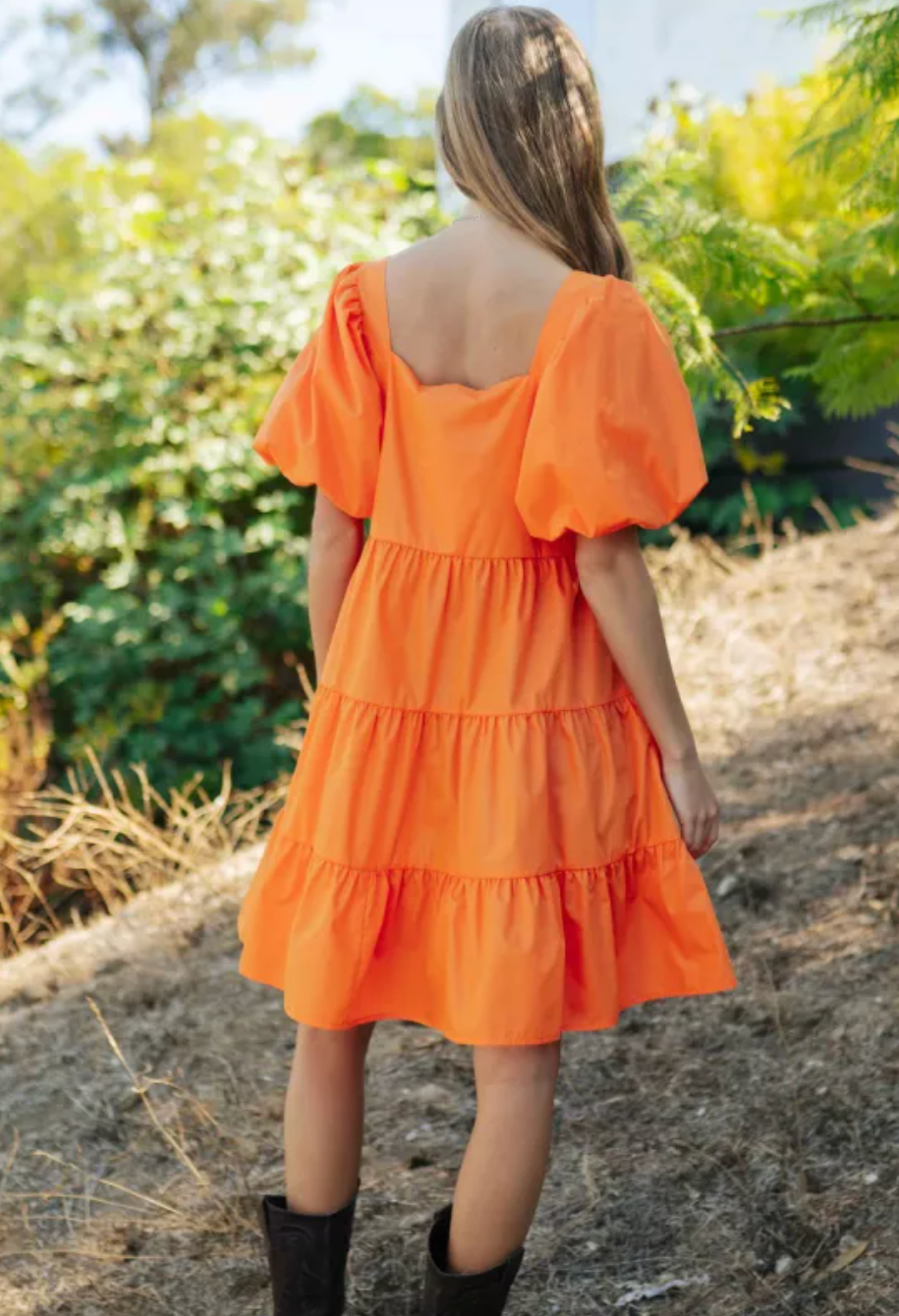 Katie Puff Sleeve Tiered Dress - Orange