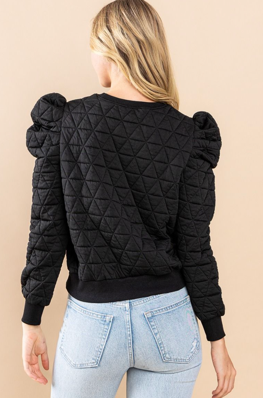 Heather Quilted Puff Sleeve Top - Black
