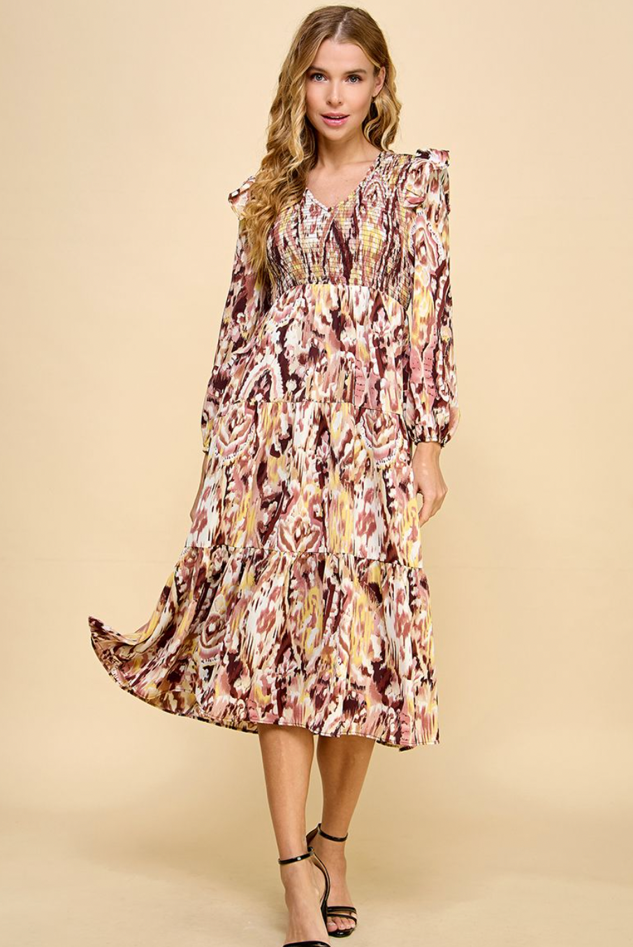 Autumn Abstract Tiered Midi Dress