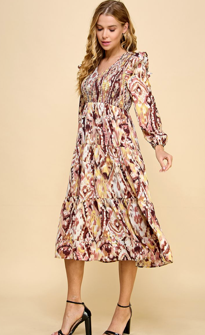Autumn Abstract Tiered Midi Dress