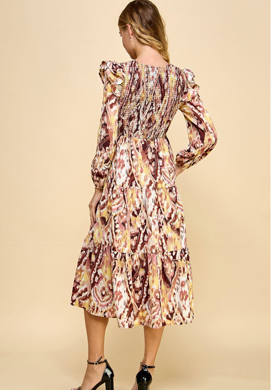 Autumn Abstract Tiered Midi Dress