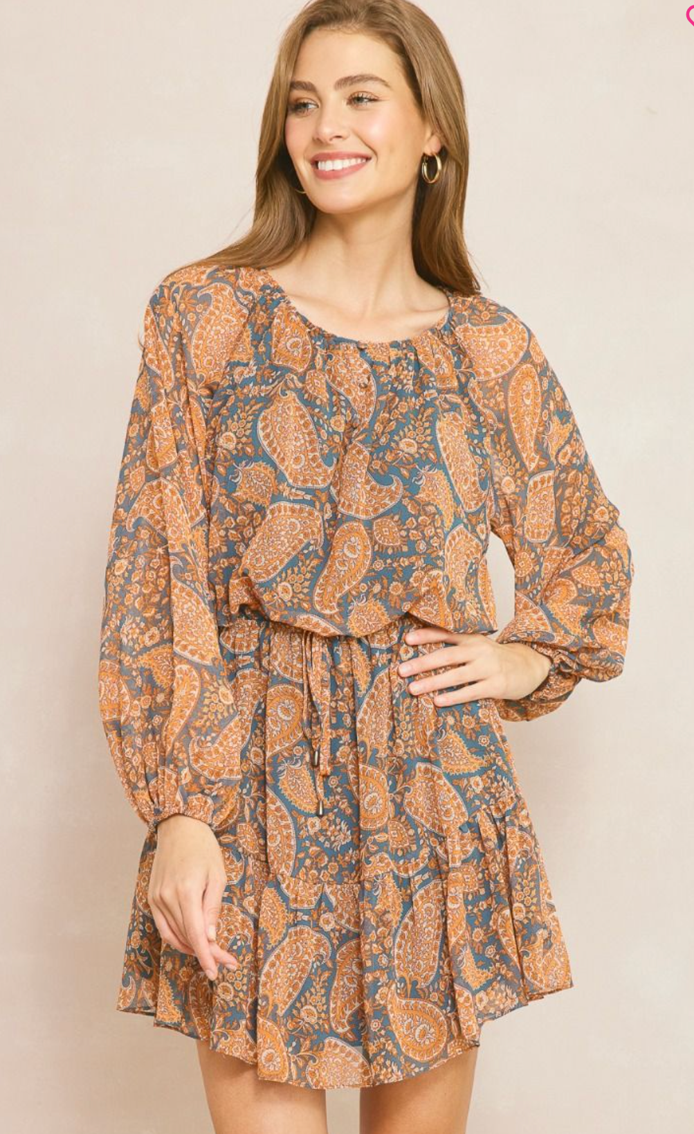 Paisley Boat Neck Dress - Rust