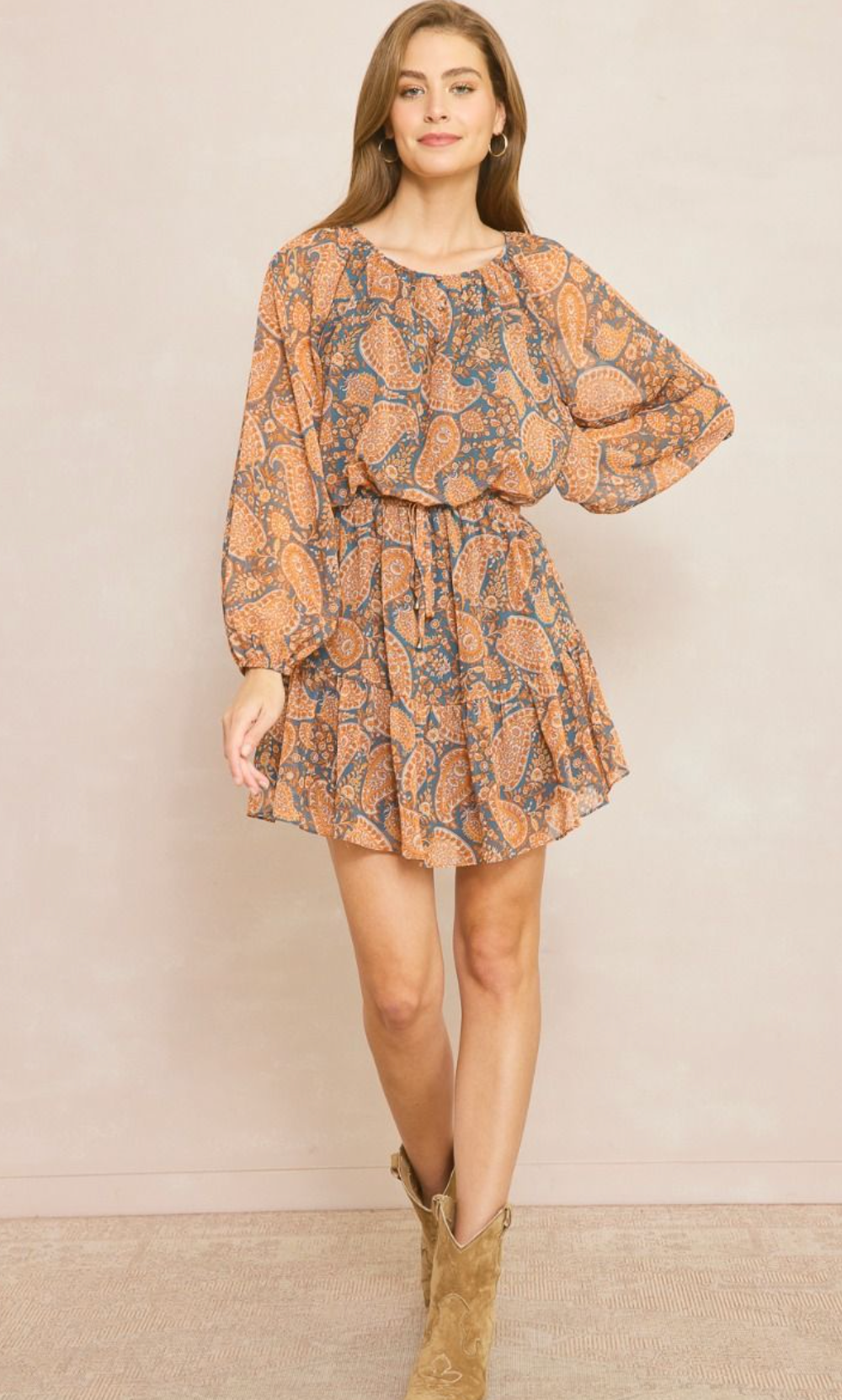 Paisley Boat Neck Dress - Rust