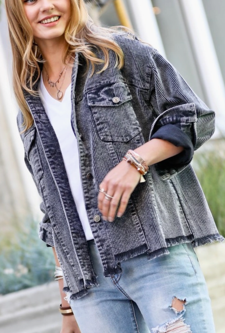 Pushing The Limits Distressed Corduroy Shacket