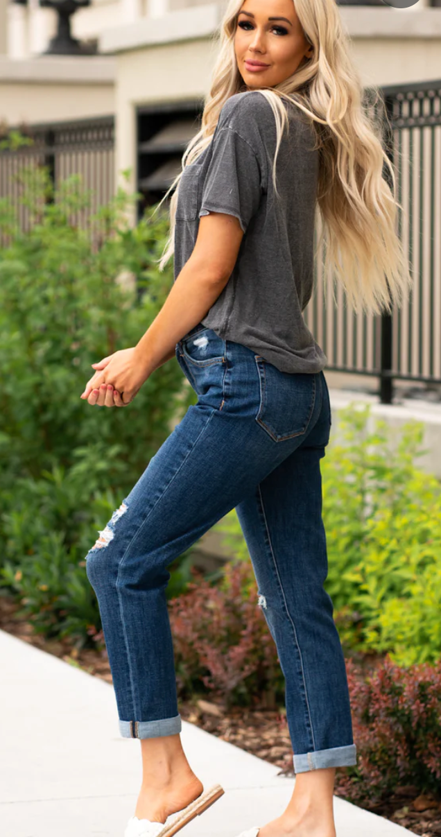 Erika Distressed Stretch Mom Jean