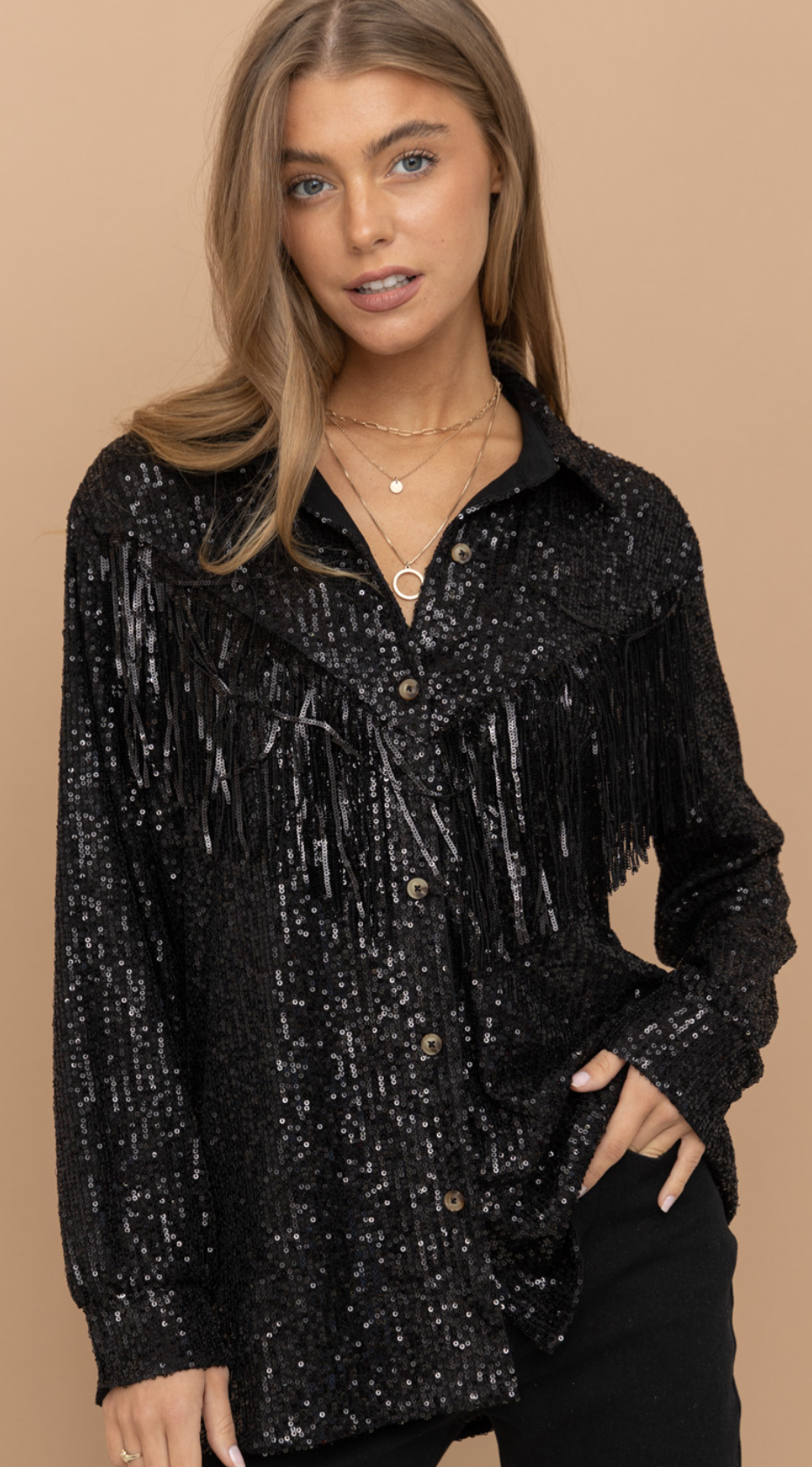 Fancy Like Me Sequin Fringe Button Up