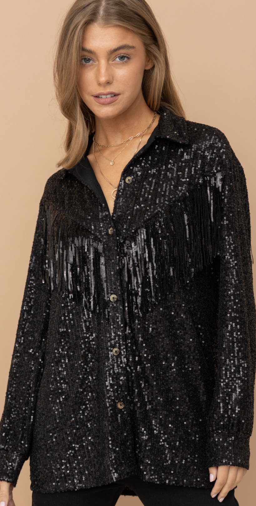 Fancy Like Me Sequin Fringe Button Up