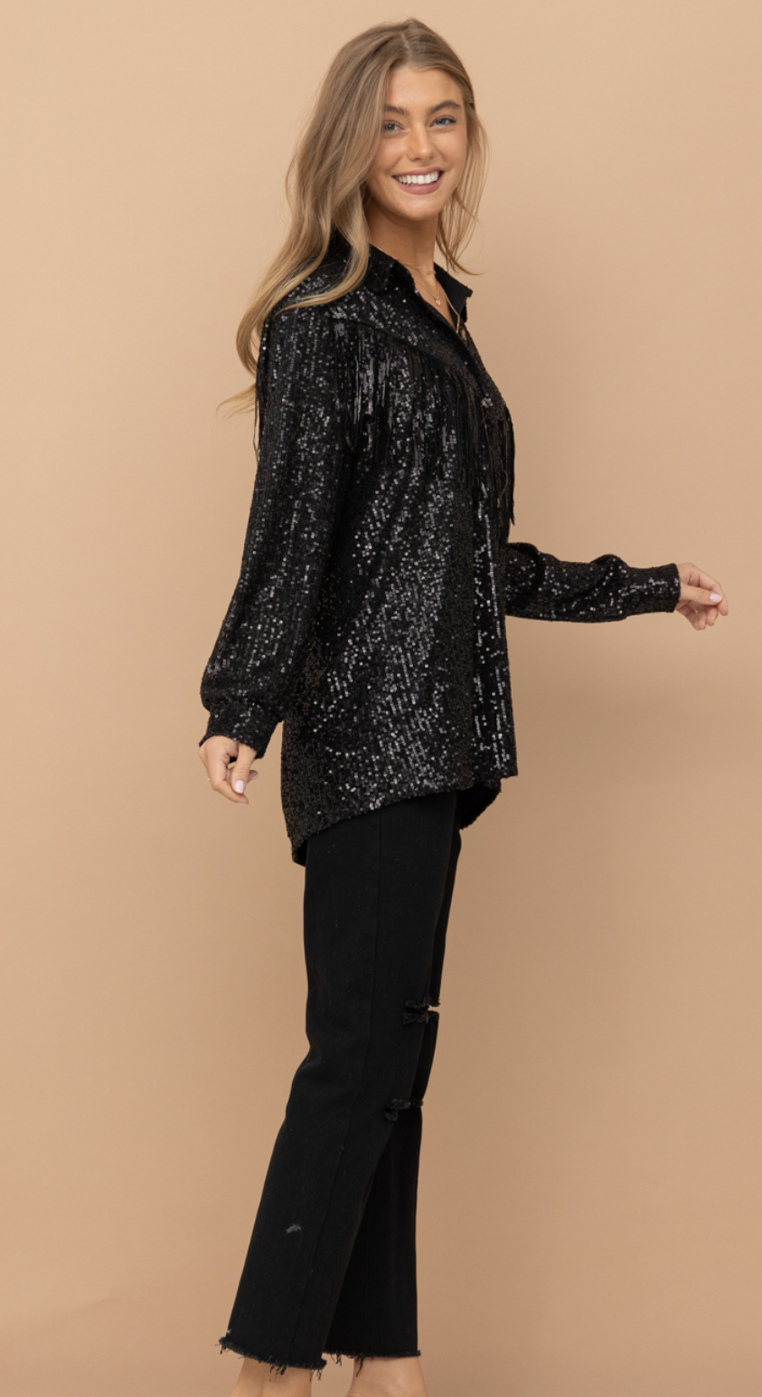 Fancy Like Me Sequin Fringe Button Up