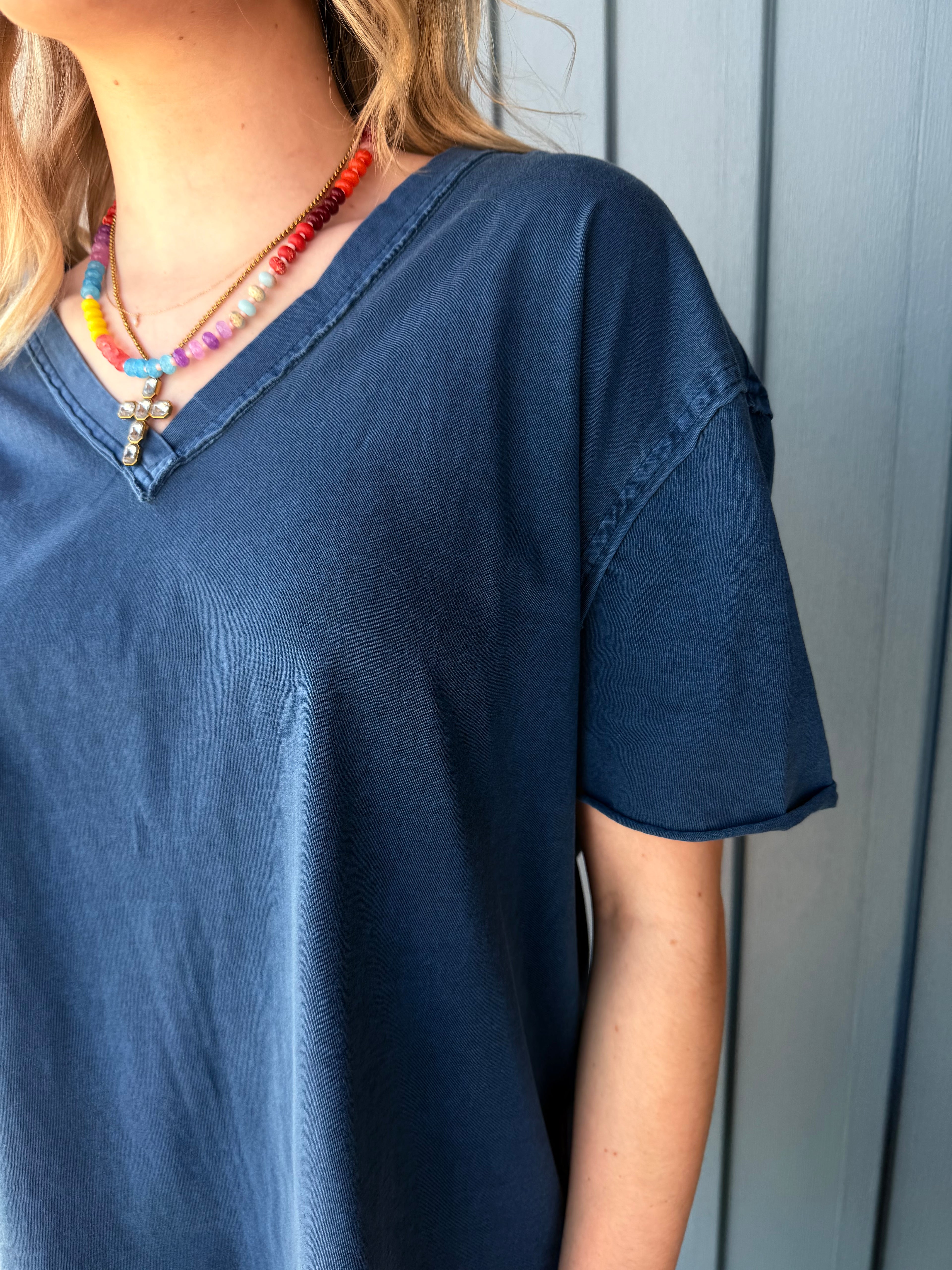 Bristol Washed Vneck Top - Vintage Blue