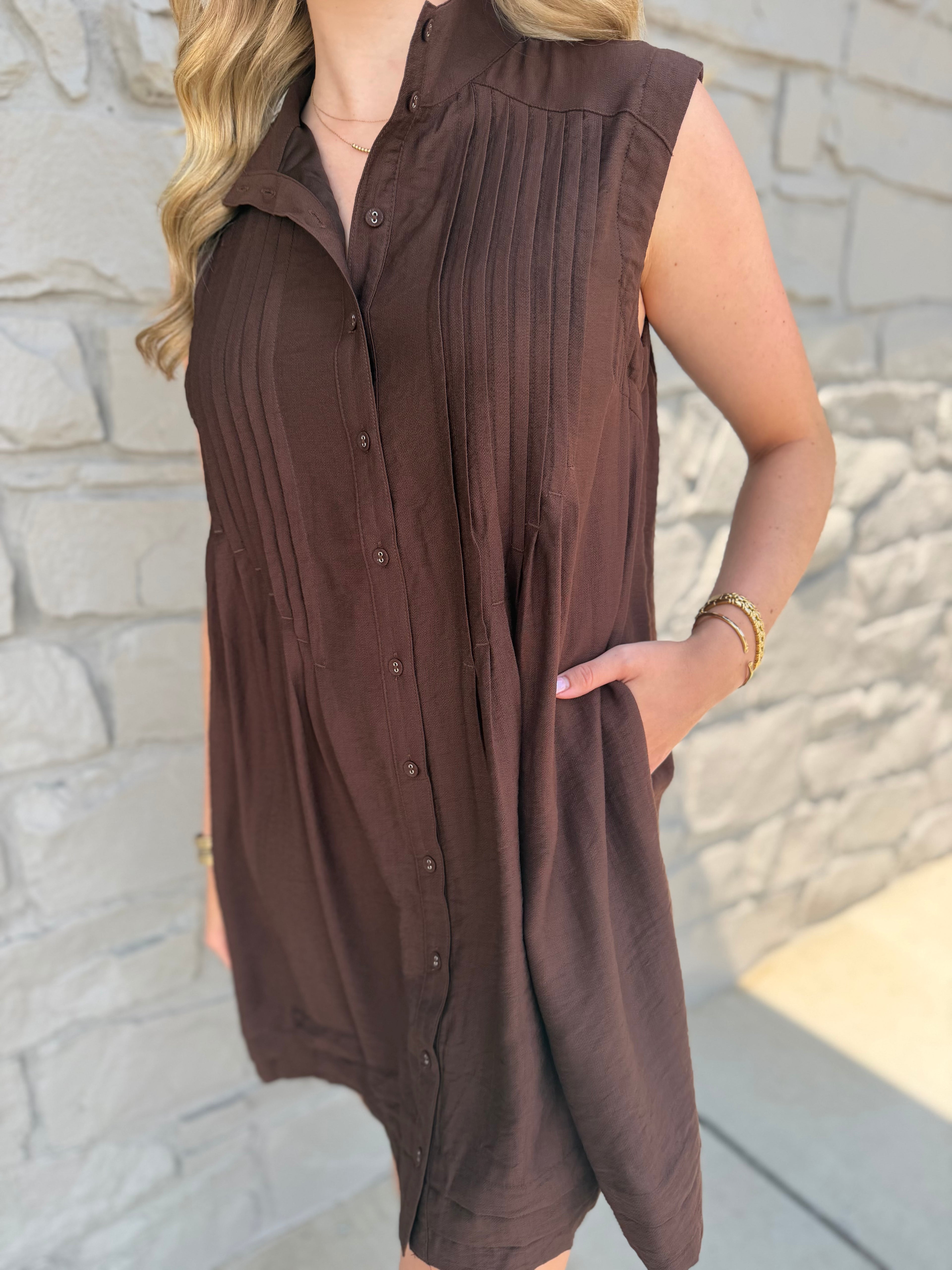 Gale Pleated Sleeveless Dress - Chocolate