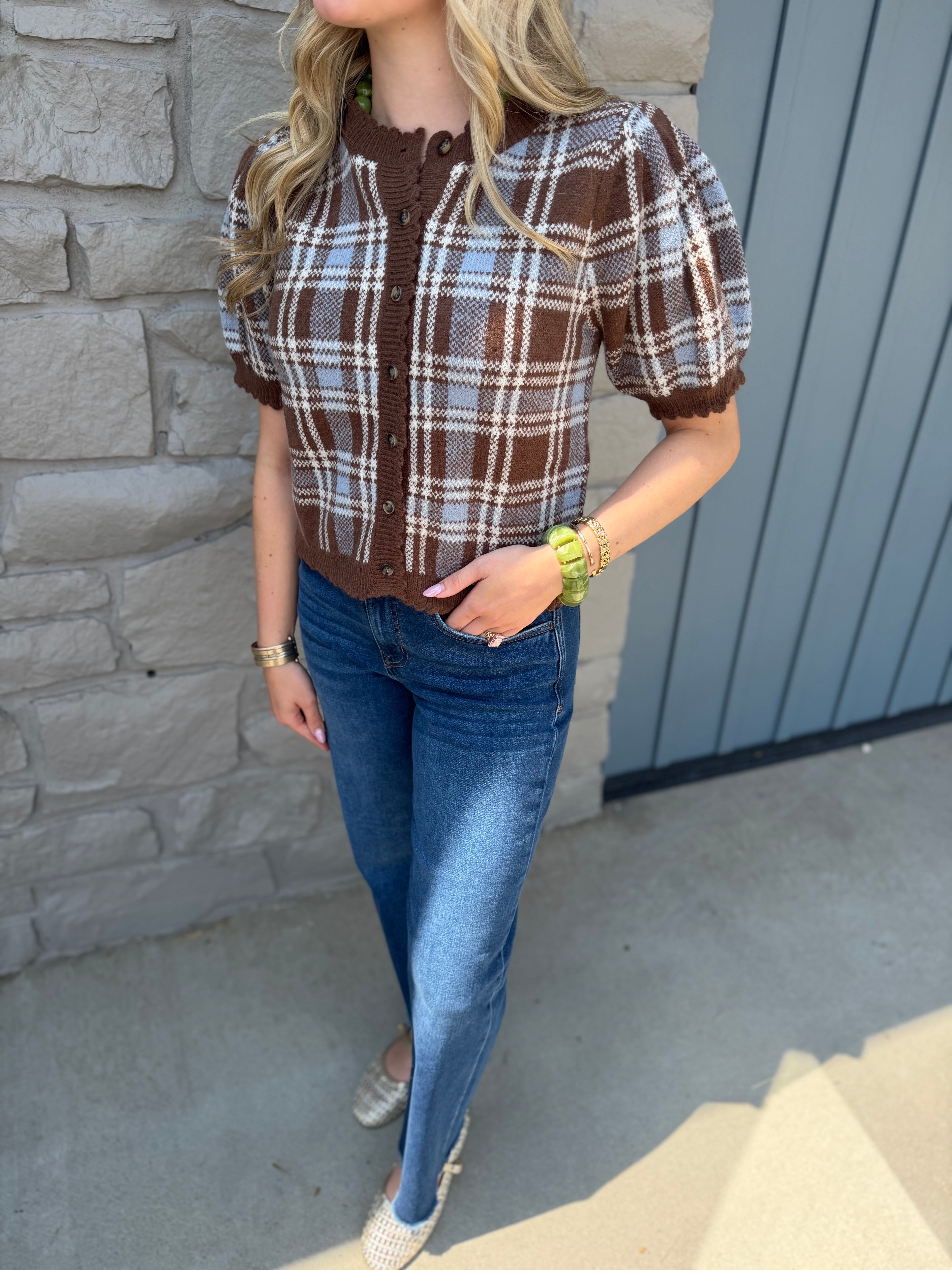 Frannie Gingham Sweater Cardigan - BRWN/BLUE