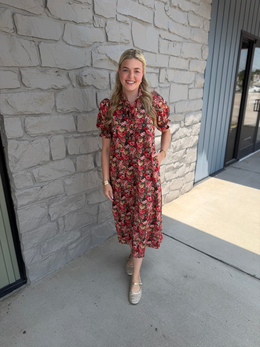 Autumn Brick Floral Midi Dress