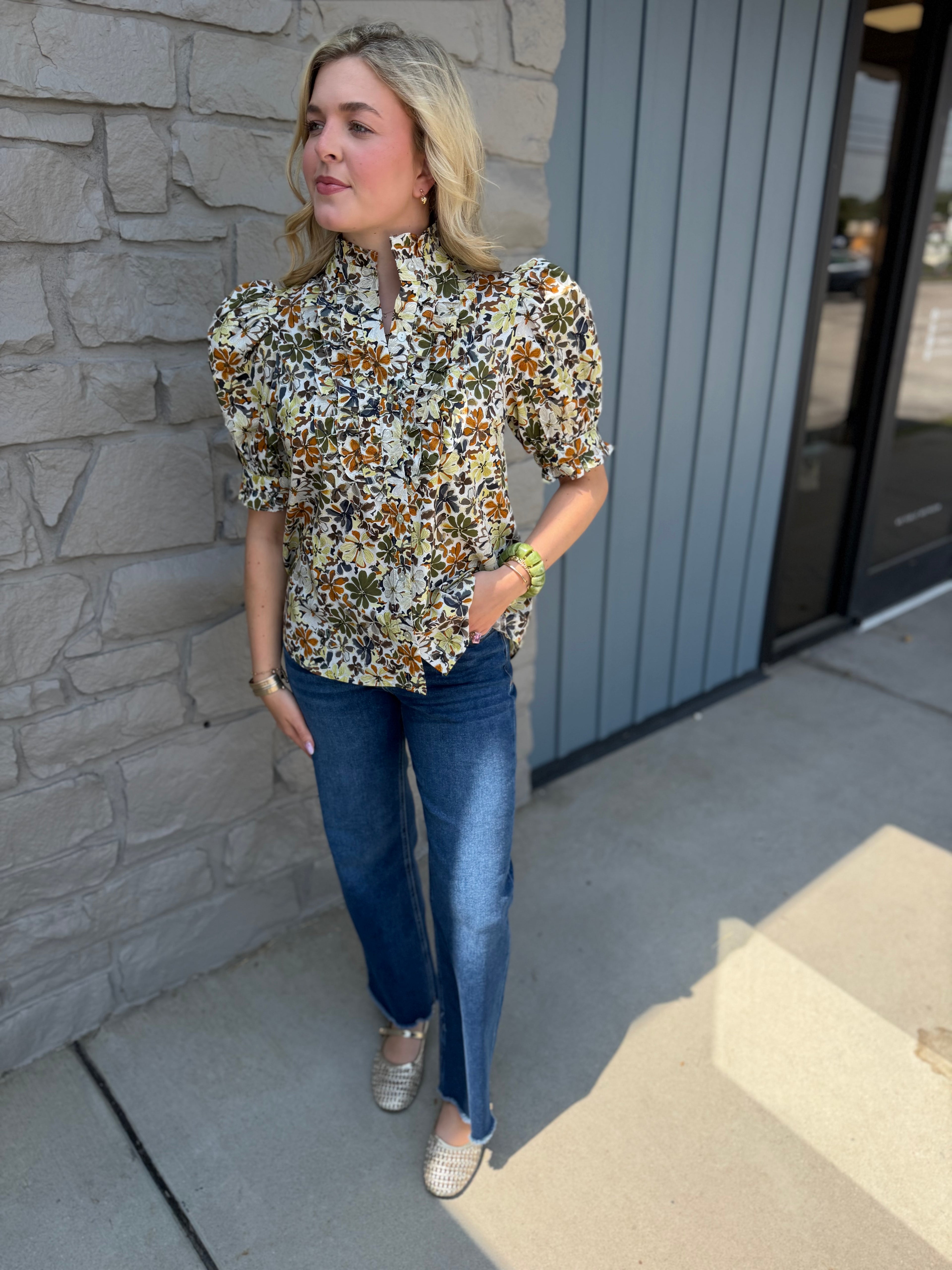 Jane Floral Top - Olive/Rust
