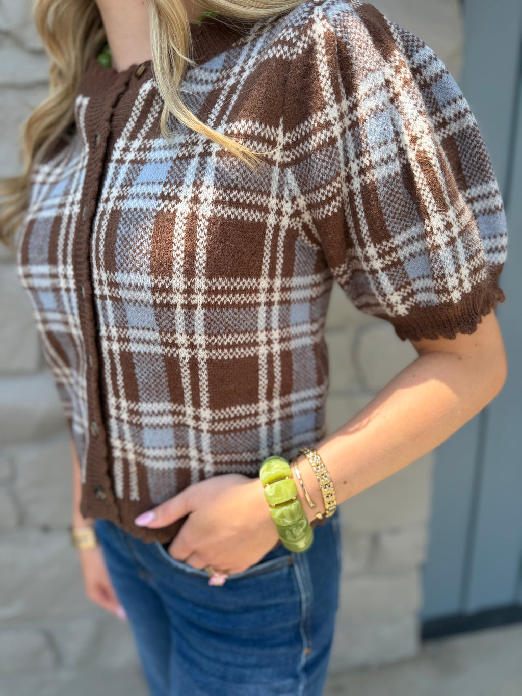 Frannie Gingham Sweater Cardigan - BRWN/BLUE