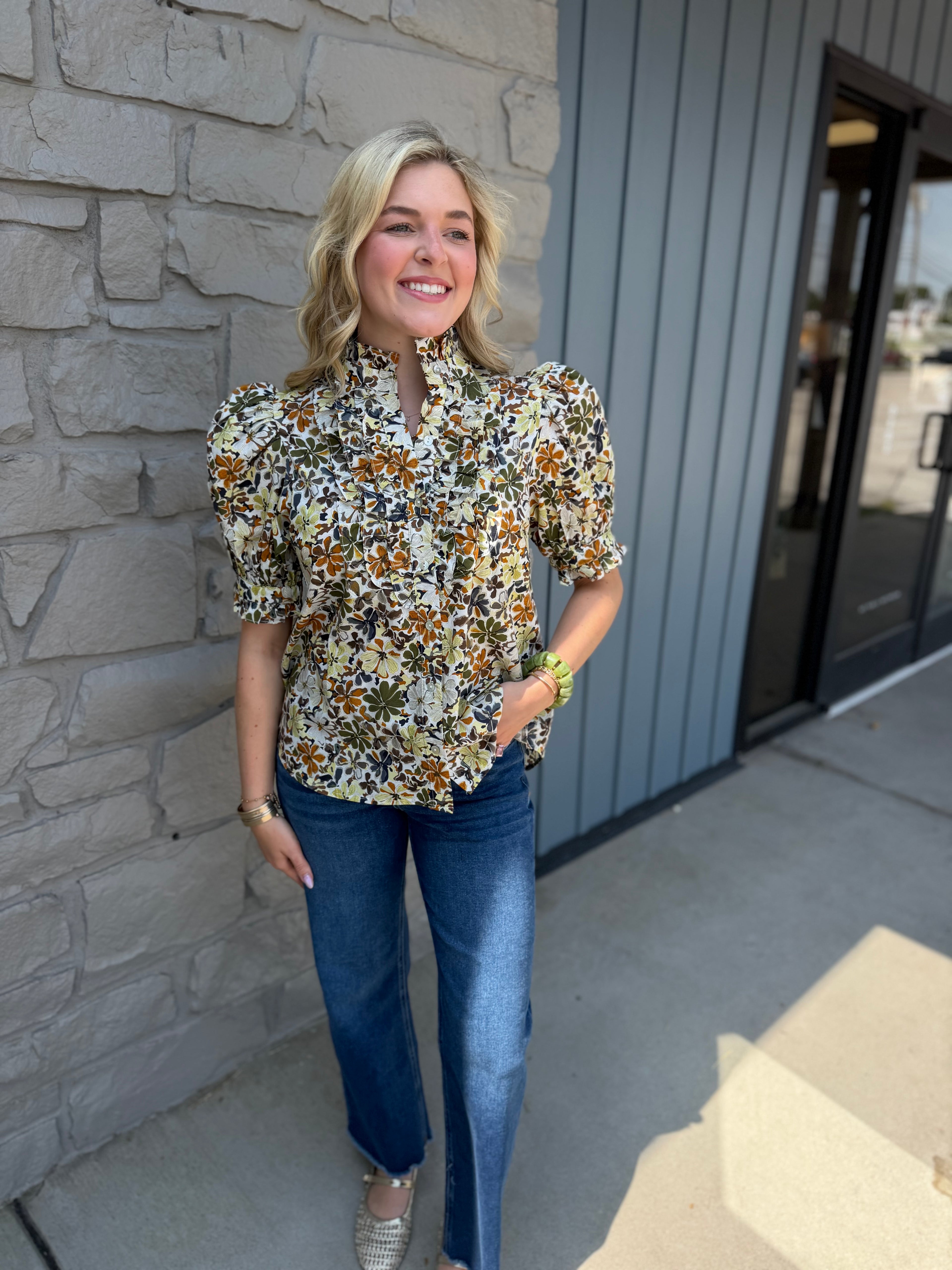Jane Floral Top - Olive/Rust