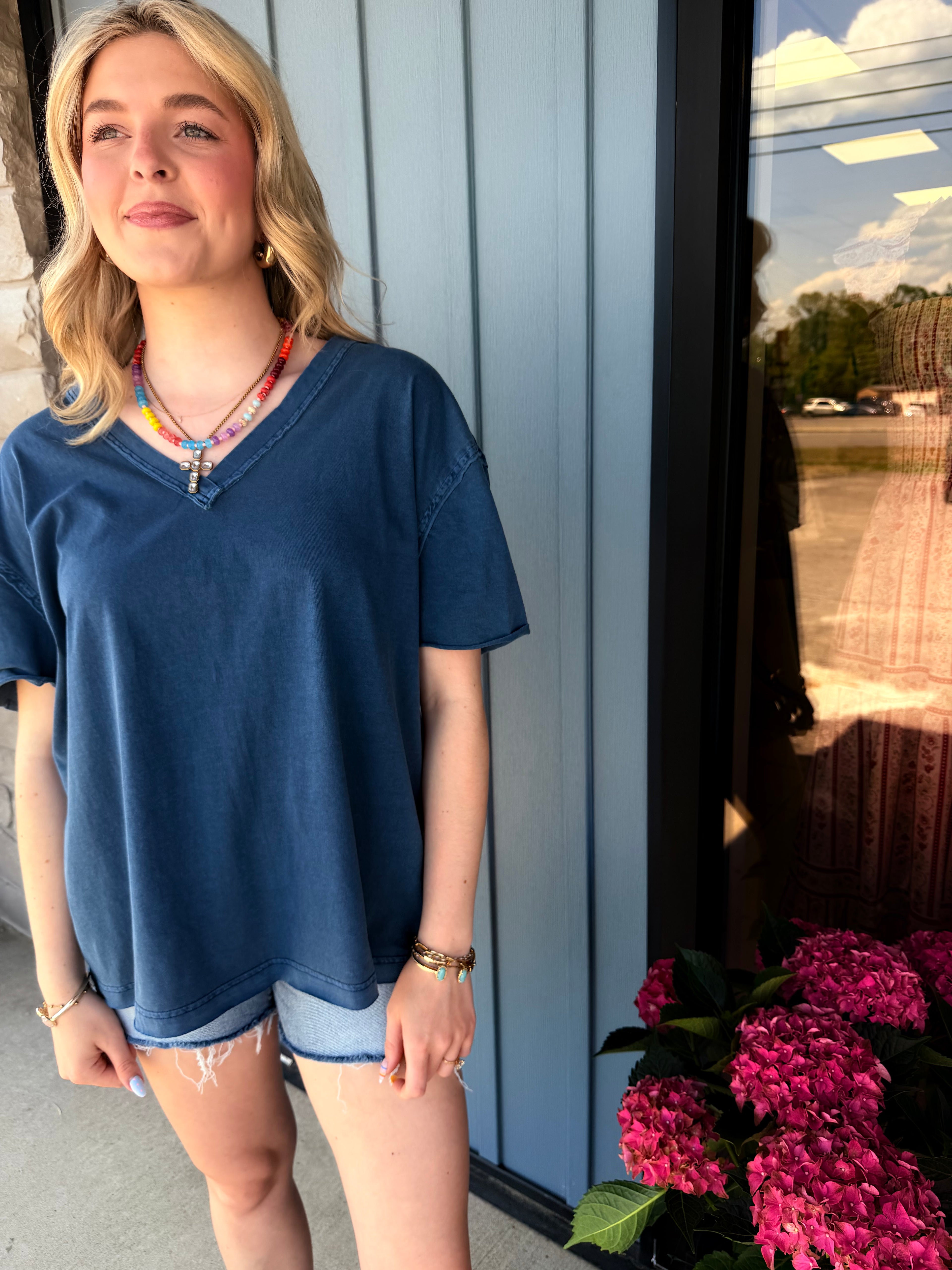 Bristol Washed Vneck Top - Vintage Blue