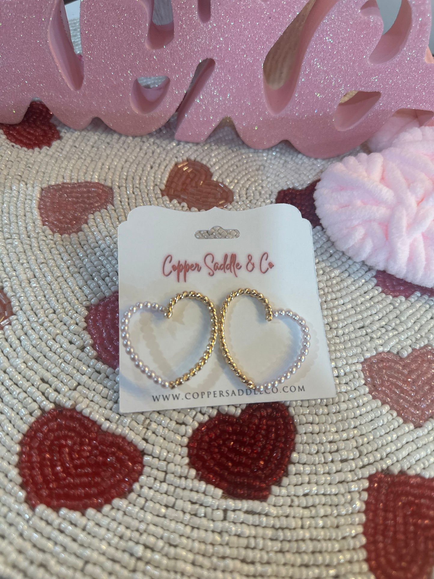 Pearl Beaded Rope Heart Earrings