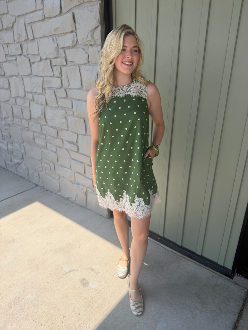 Olive Lace Polka Dot Dress