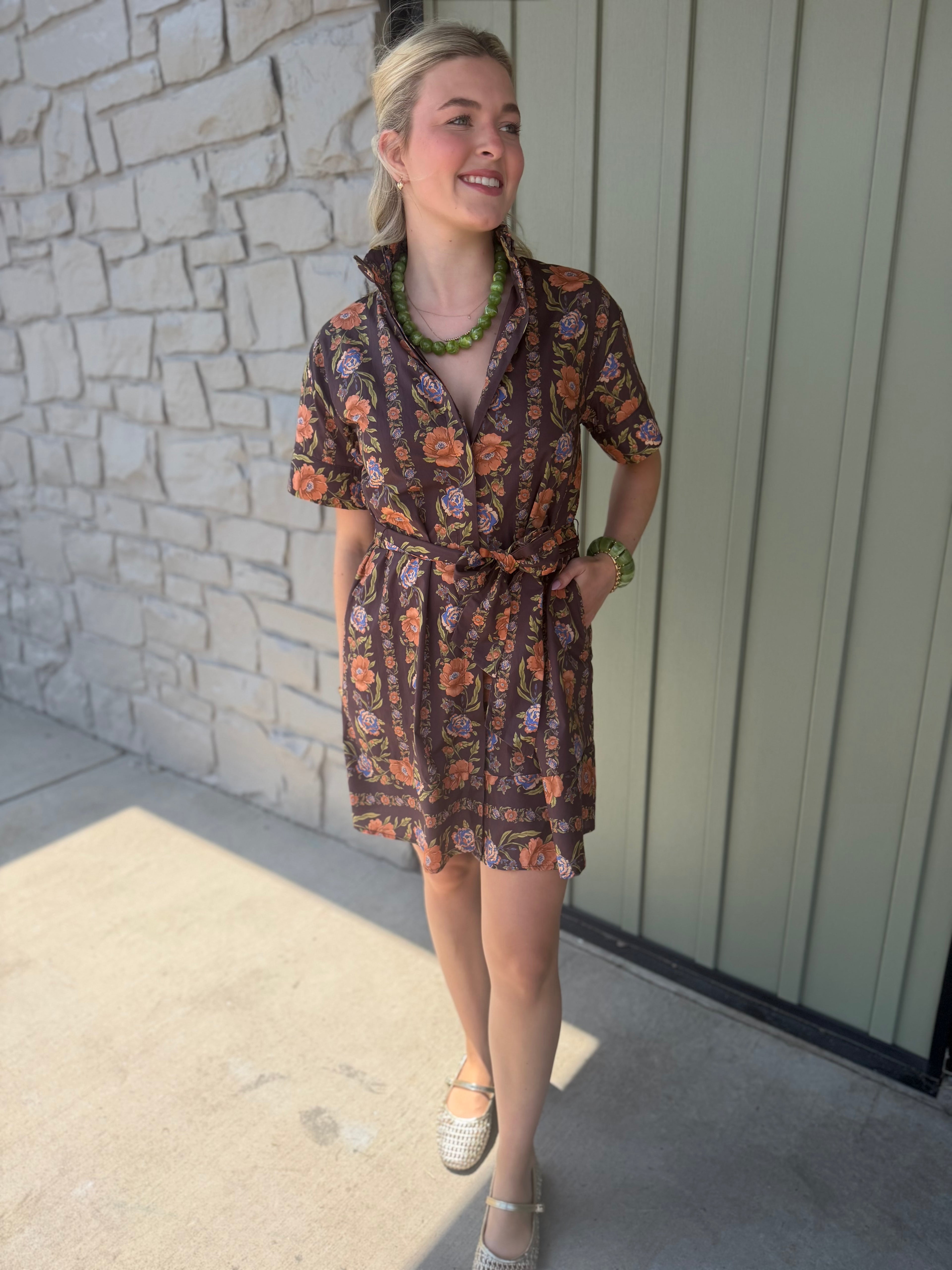 Remi Chocolate Floral Ruffle Neck Dress