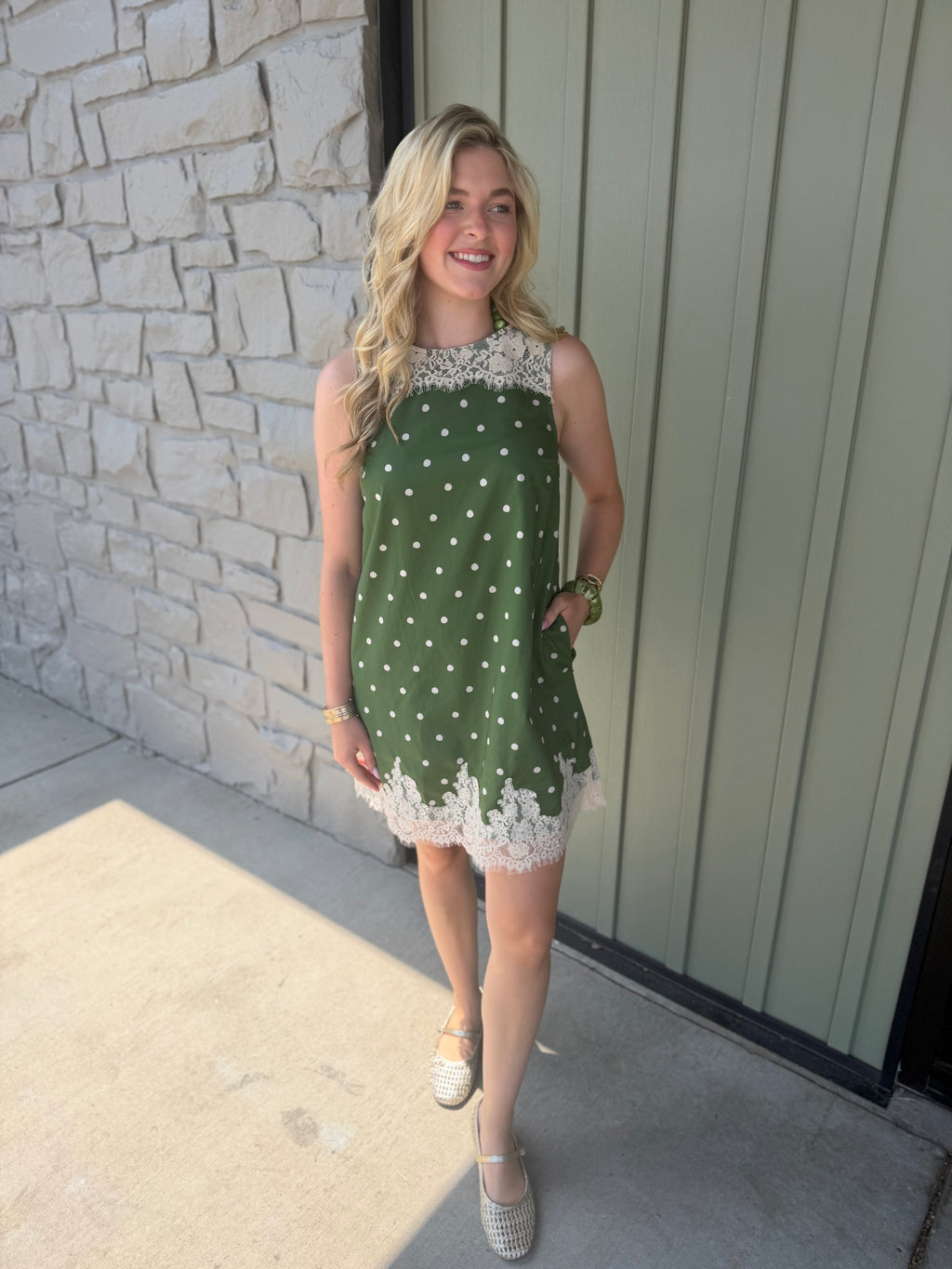 Olive Lace Polka Dot Dress