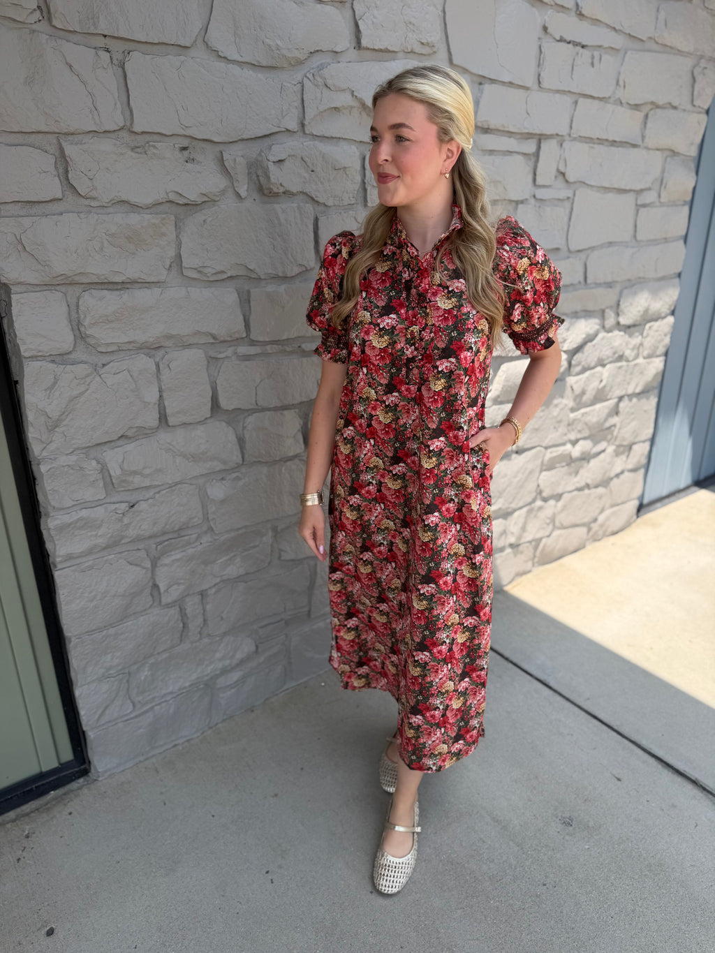 Autumn Brick Floral Midi Dress