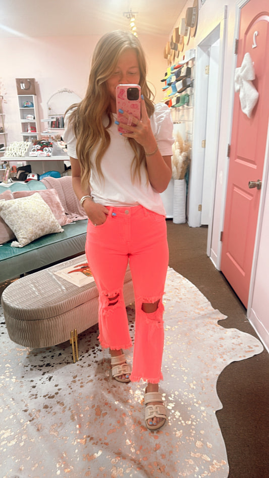 Cody Risen Distressed Crop Flare - NEONCORAL