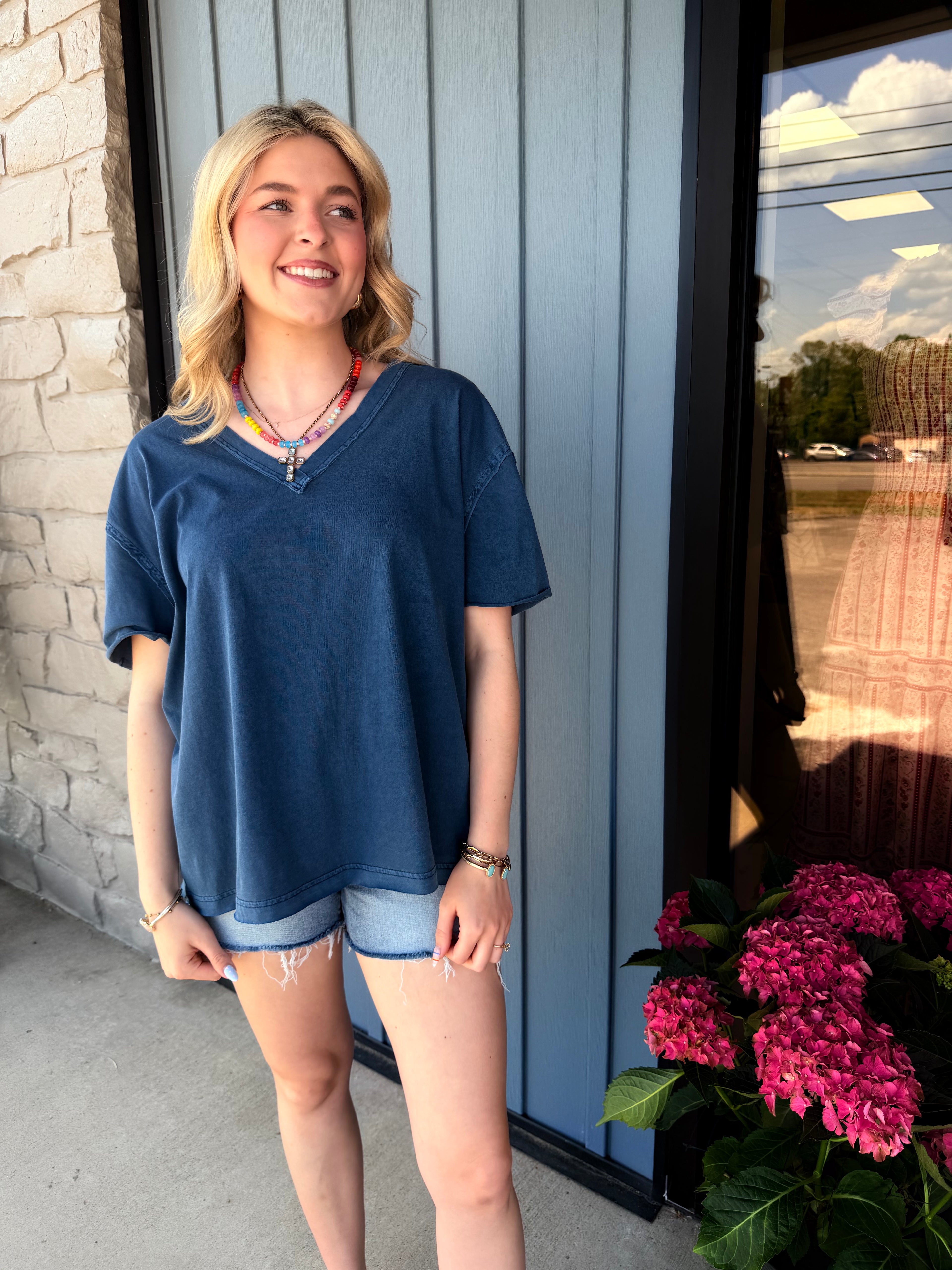 Bristol Washed Vneck Top - Vintage Blue