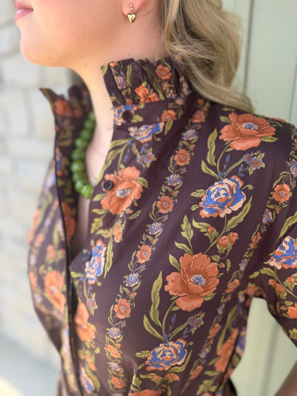 Remi Chocolate Floral Ruffle Neck Dress