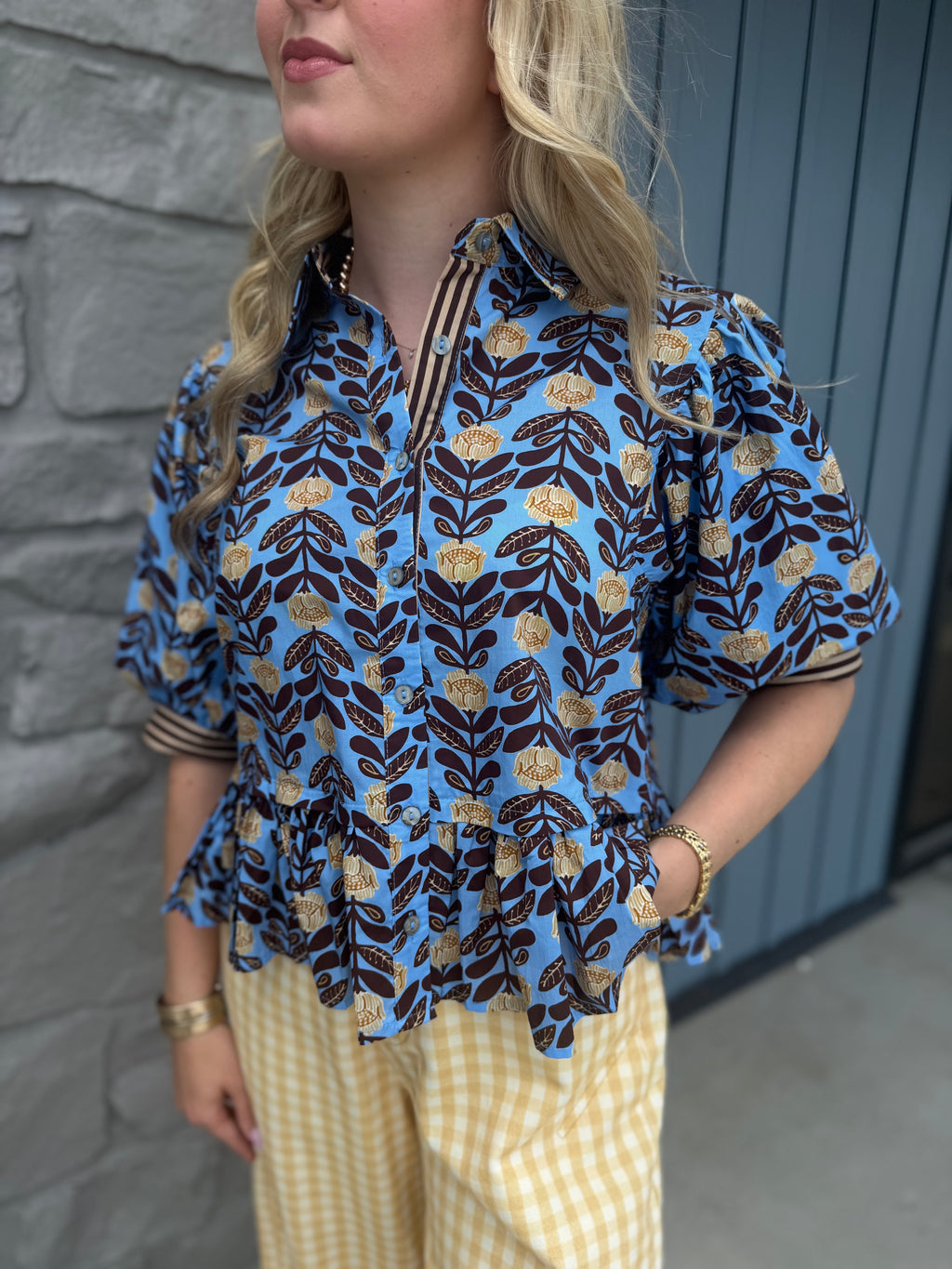 Blooms Ruffle Top - CHOC/BLUE