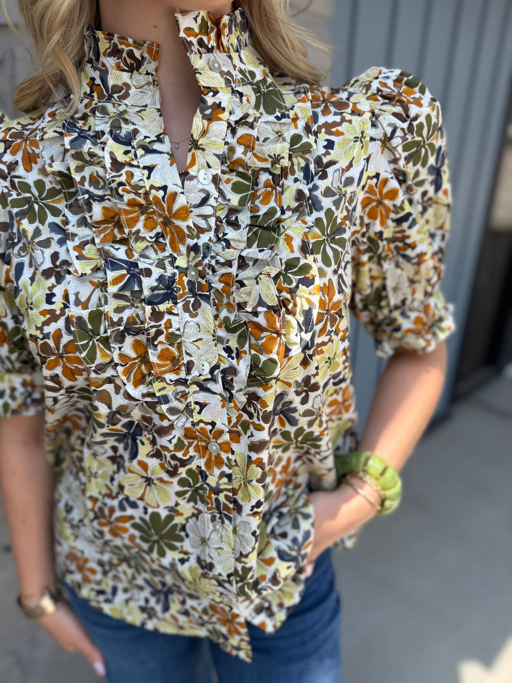 Jane Floral Top - Olive/Rust