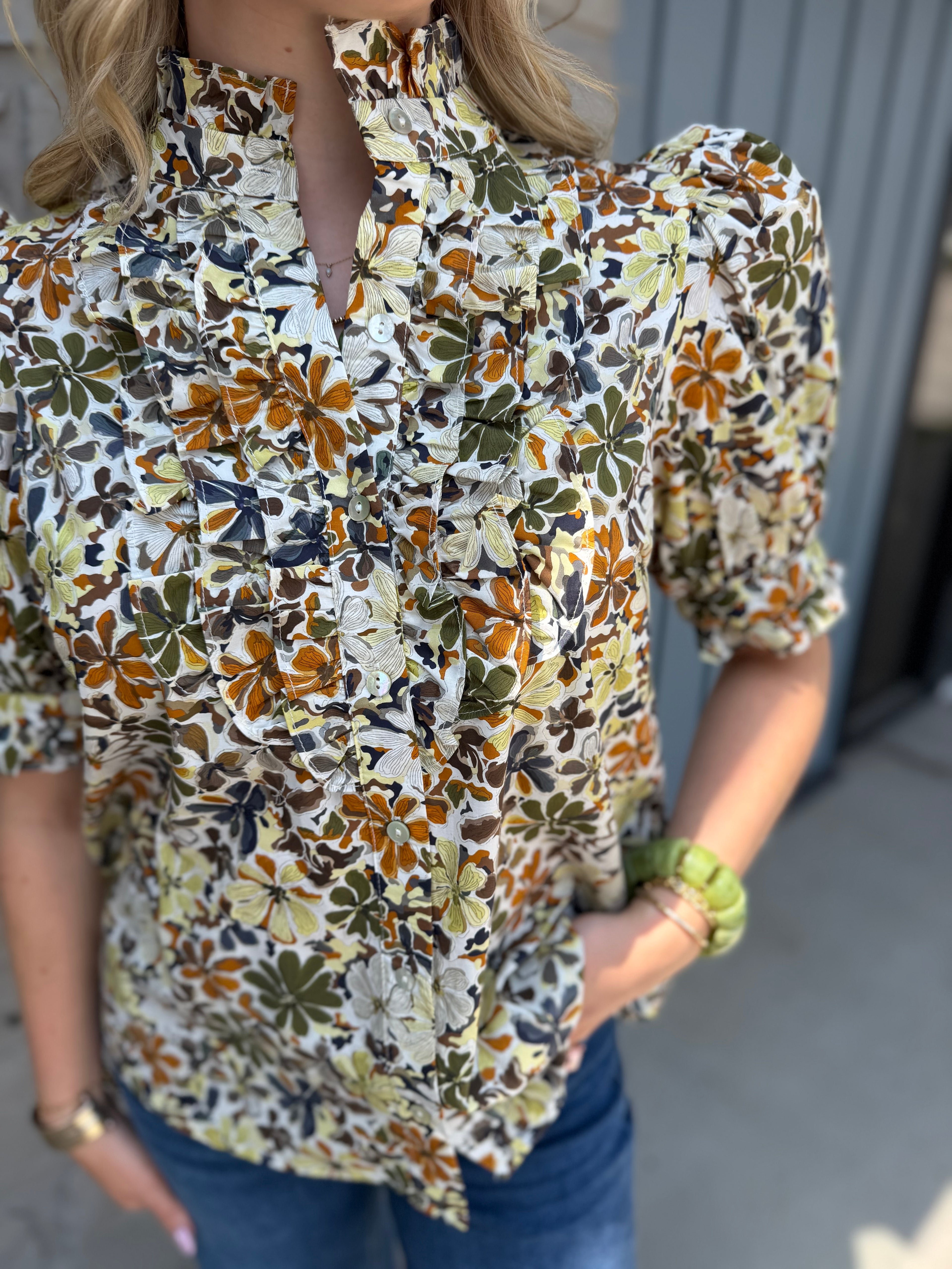 Jane Floral Top - Olive/Rust