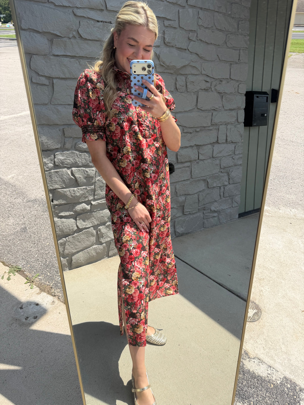 Autumn Brick Floral Midi Dress