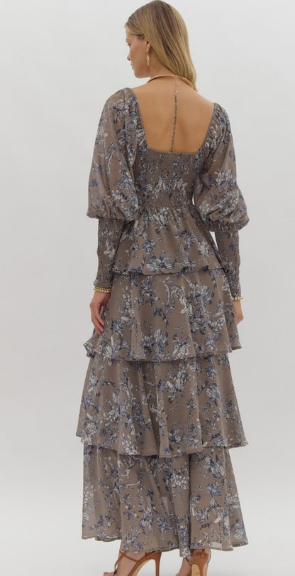 Lexie Floral Tiered Maxi Dress - MOCHA GREY