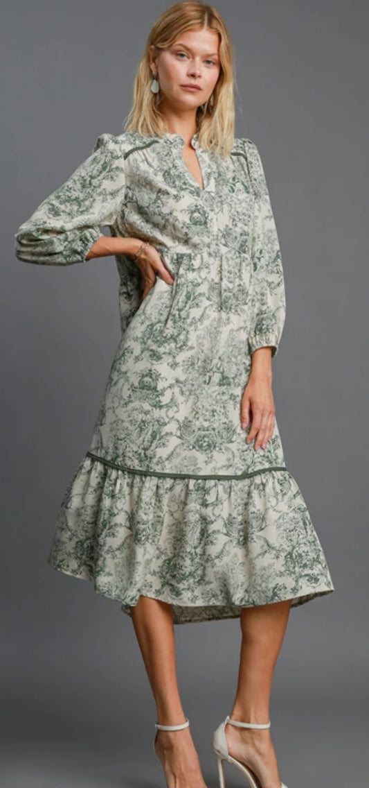 Indy Patterned Midi Dress - Forest Green