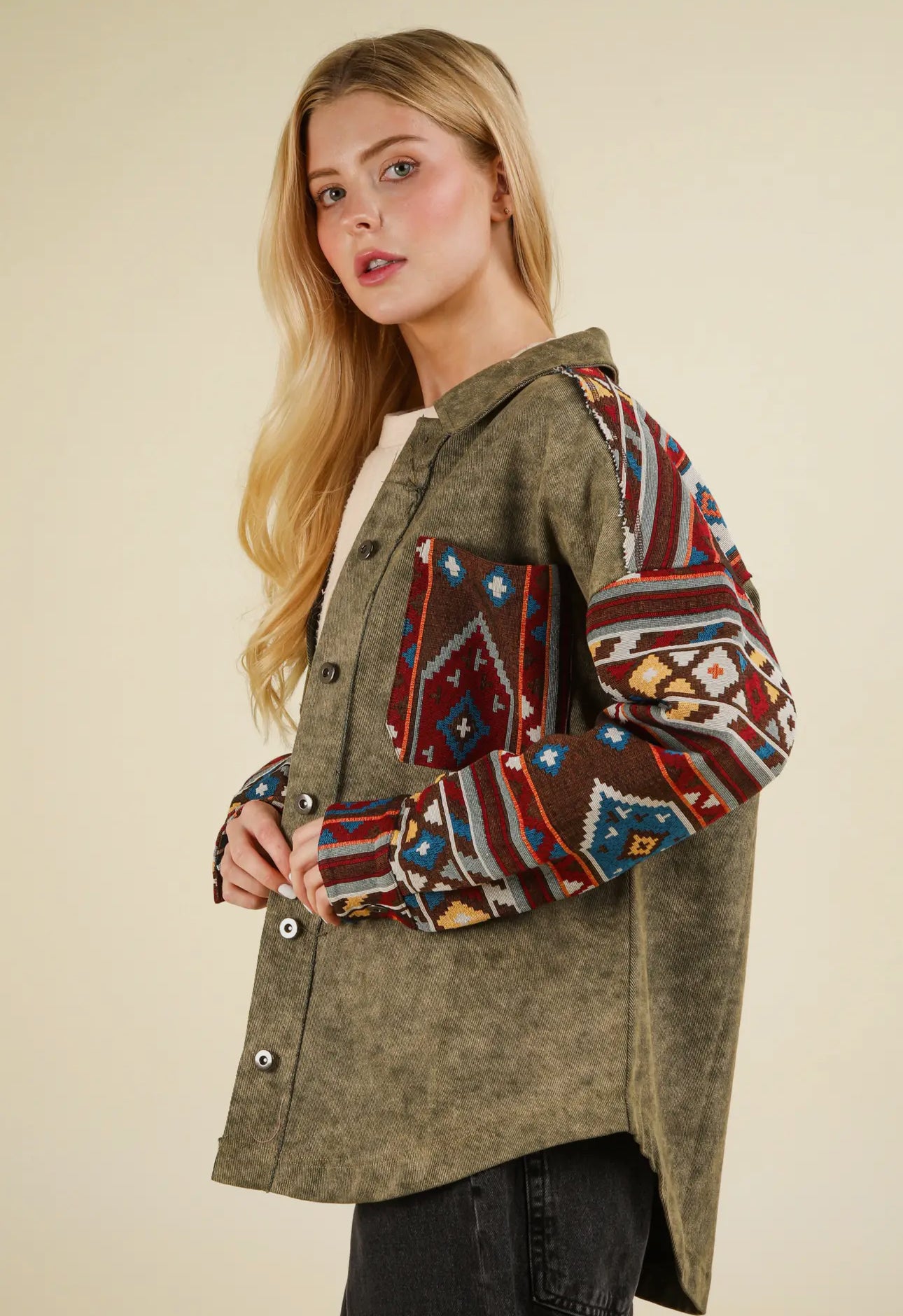 DOORBUSTER Amelia Aztec Shacket - Olive