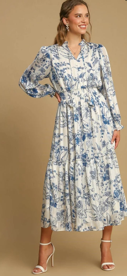 Jane Floral Midi Dress - Blue