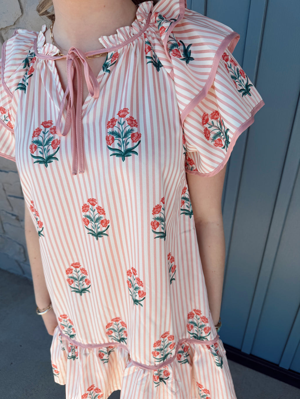 Georgia Striped Floral Dress - PINK
