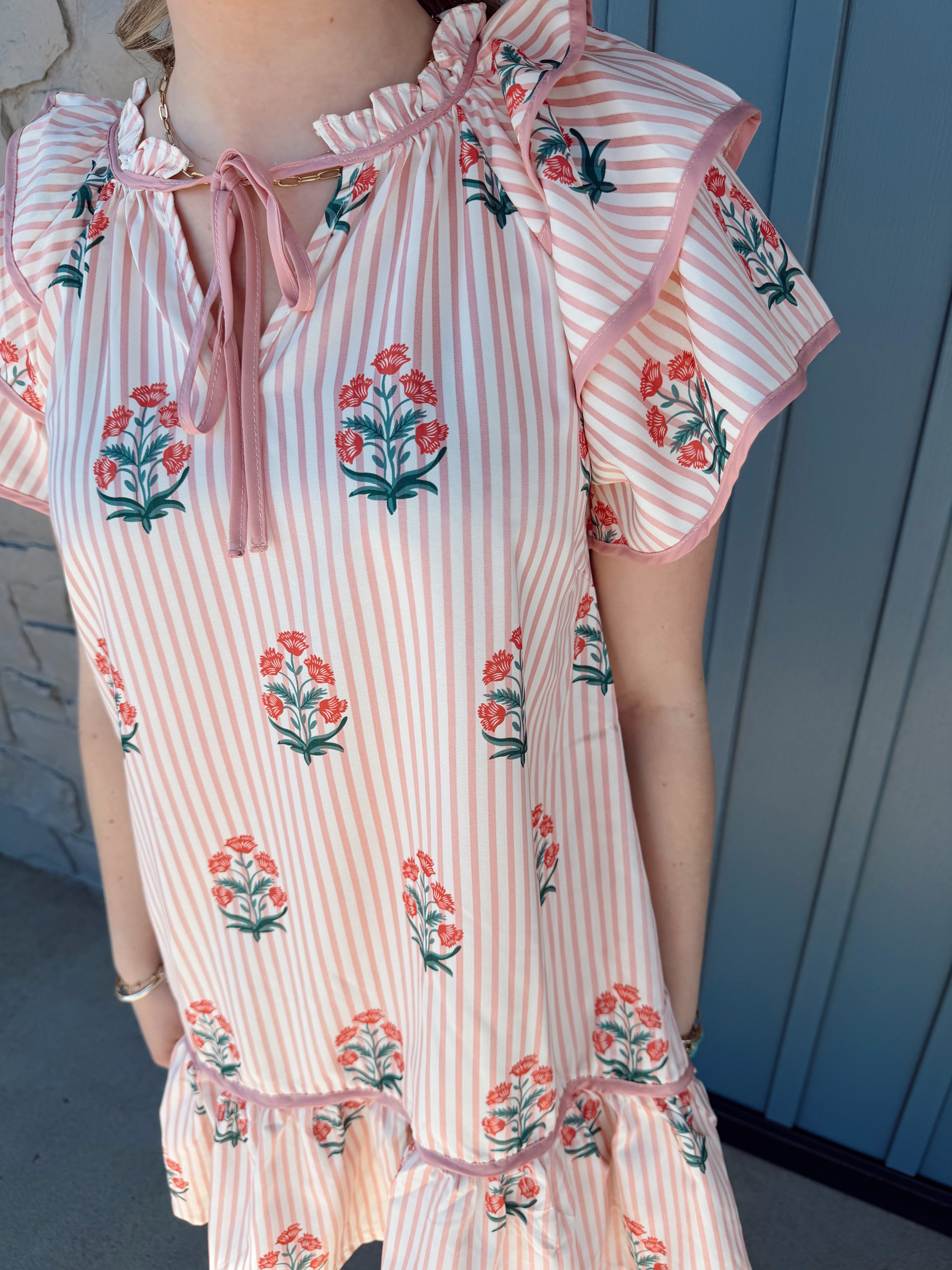 Georgia Striped Floral Dress - PINK