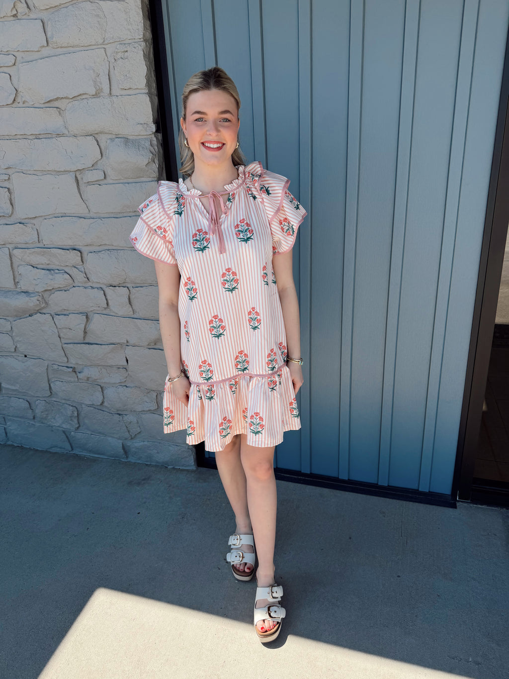 Georgia Striped Floral Dress - PINK