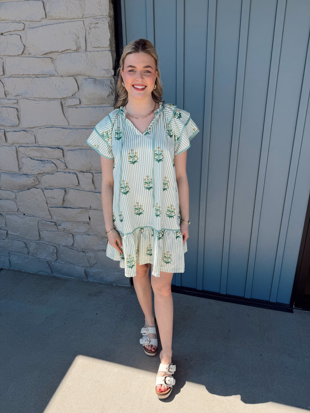Georgia Striped Floral Dress - SAGE