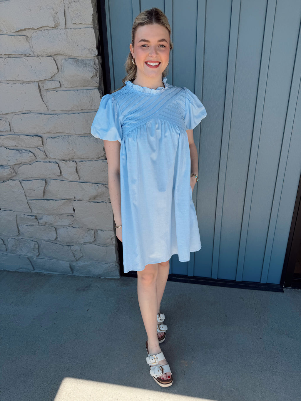 Rue Detailed Neck Dress - LTBLUE