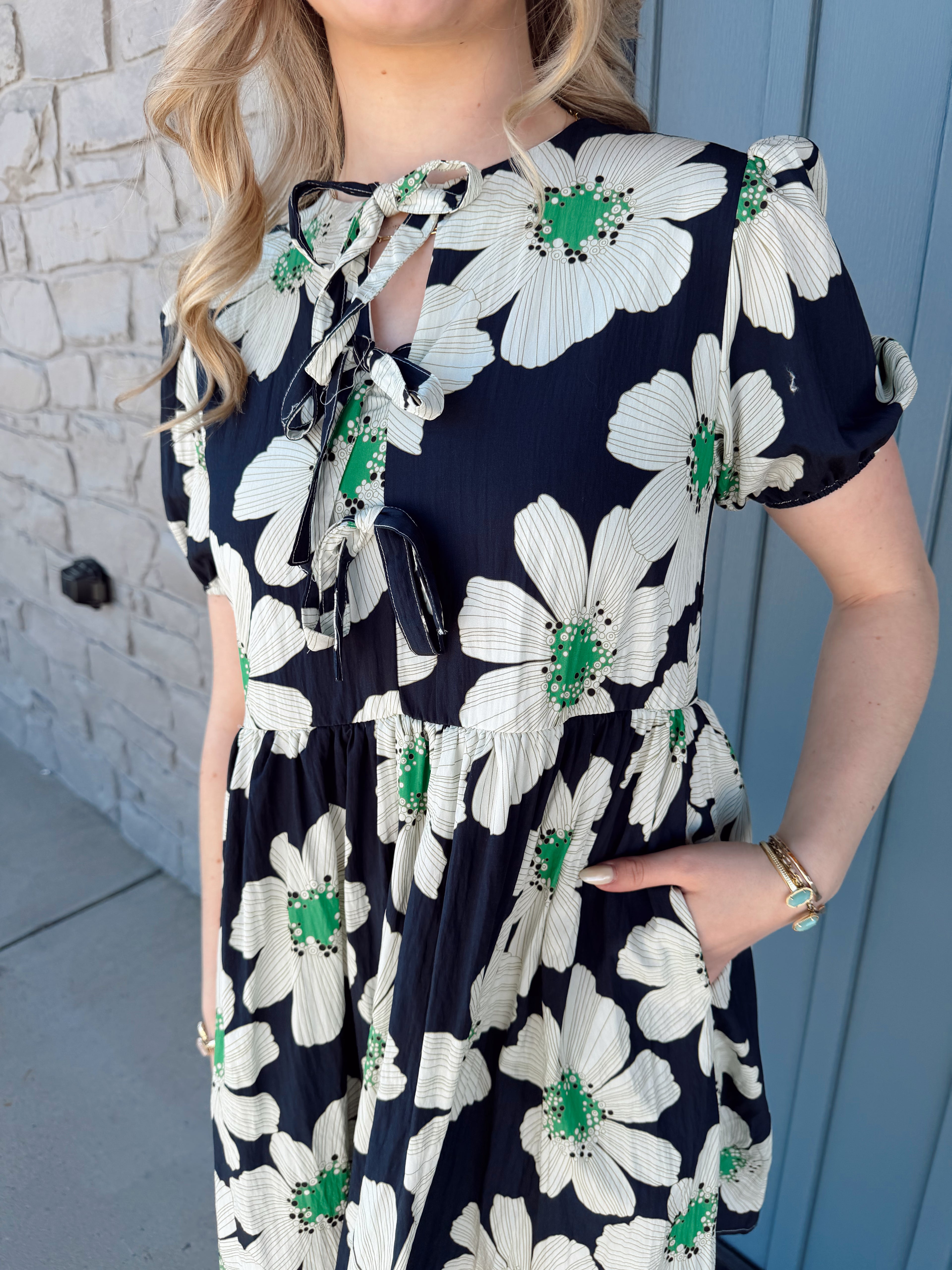 Lila Floral Bow Dress - NAVY