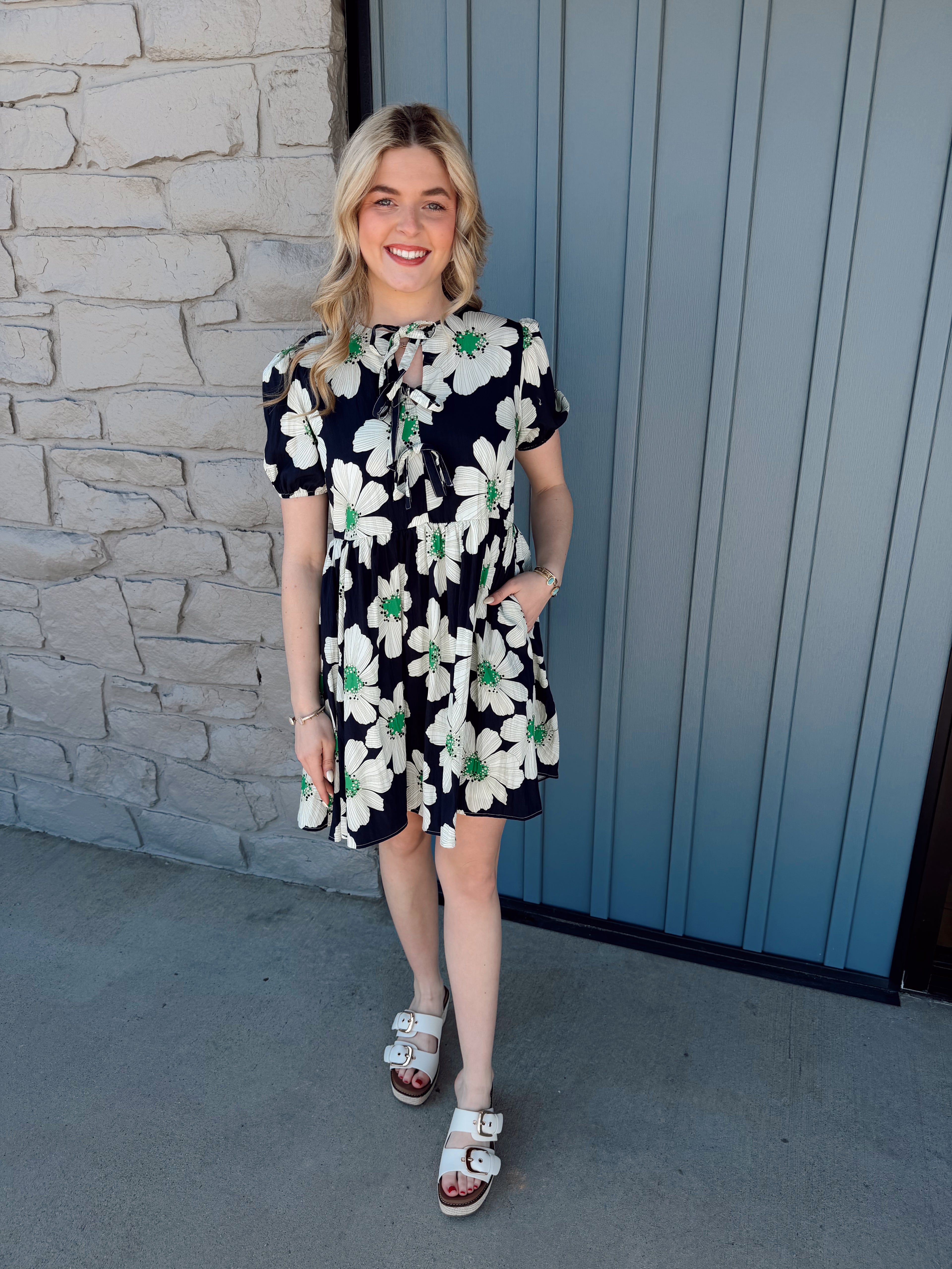 Lila Floral Bow Dress - NAVY