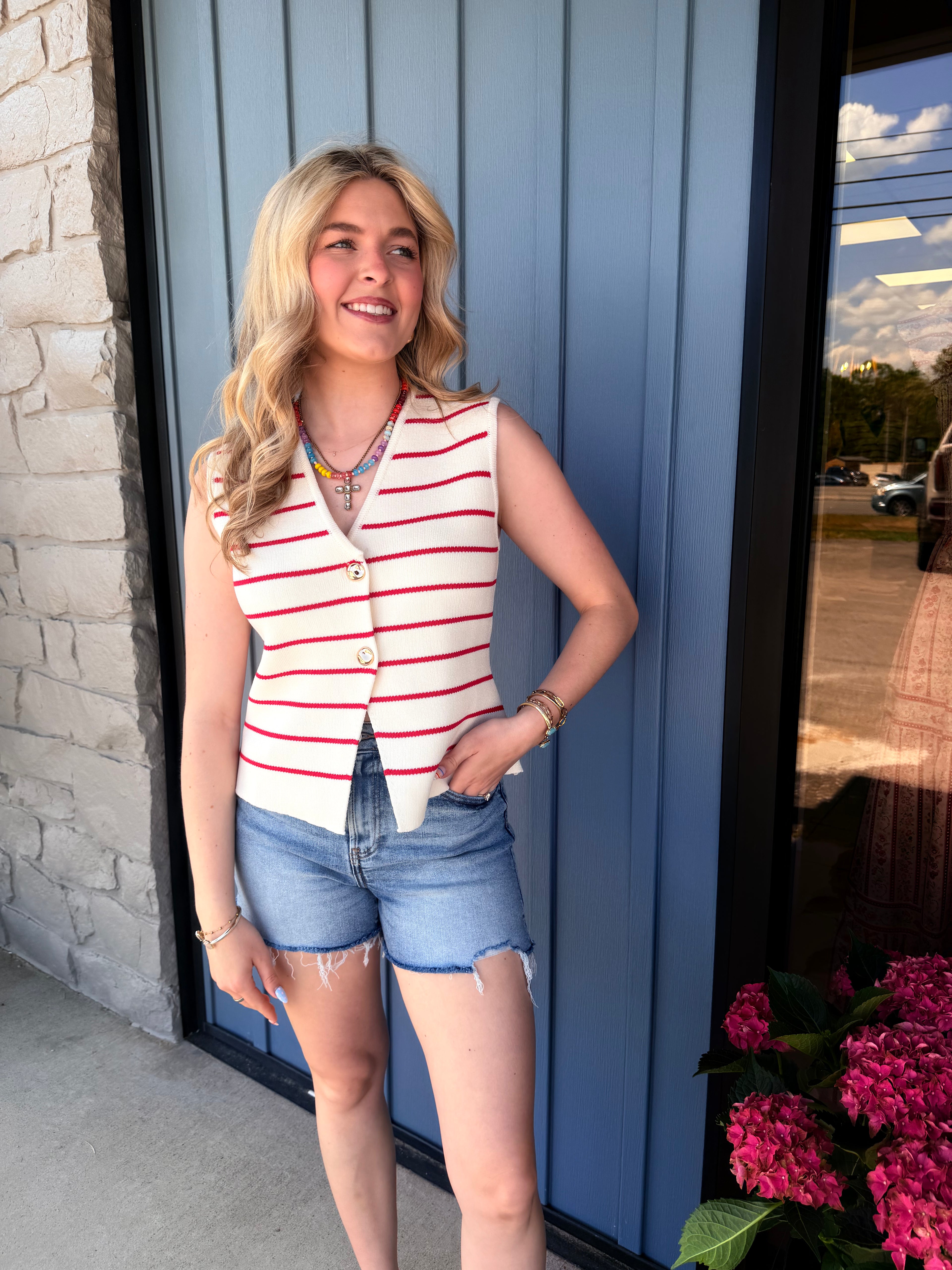 Poppy Striped Sweater Vest - RED