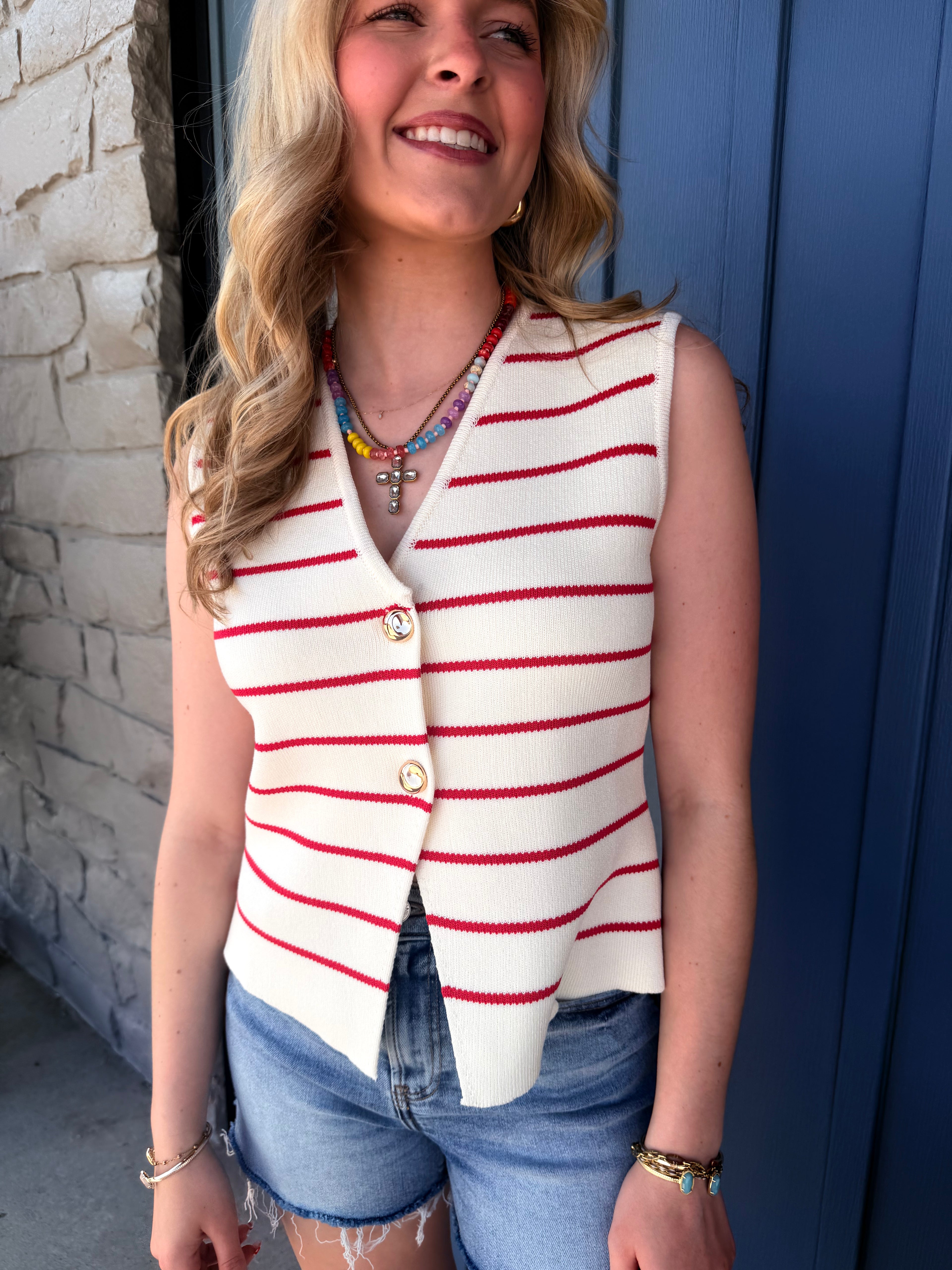 Poppy Striped Sweater Vest - RED